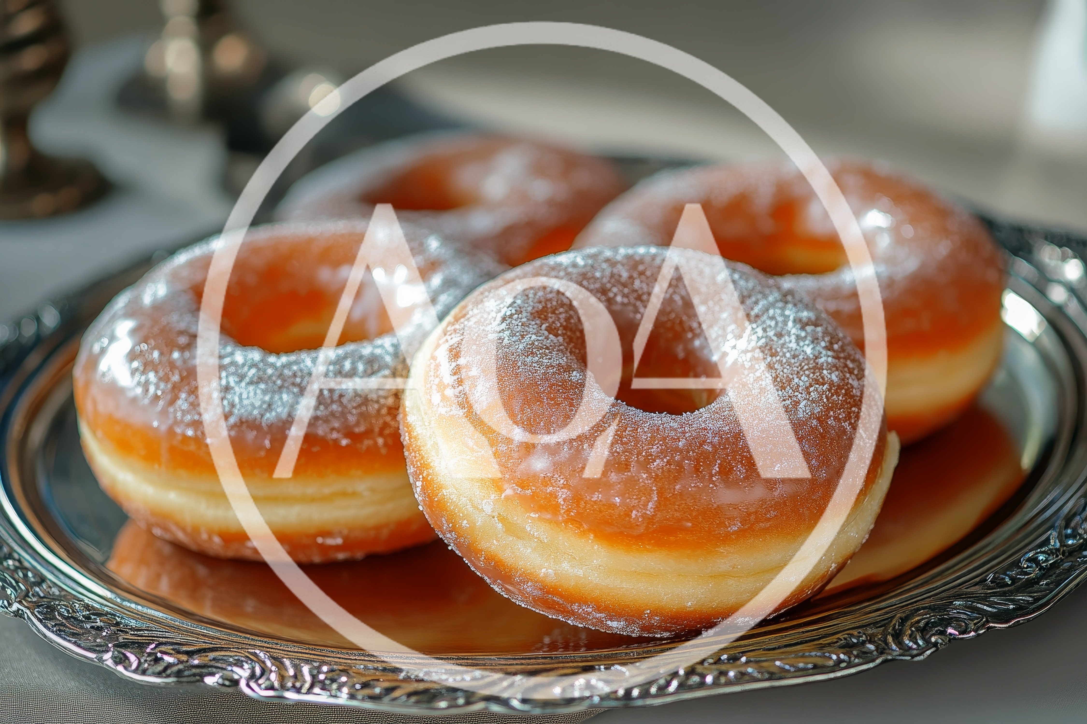 Glazed Donuts With Powdered Sugar On A Silver Platter