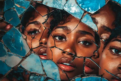 Portrait Of A Woman Through Shattered Mirror Fragments