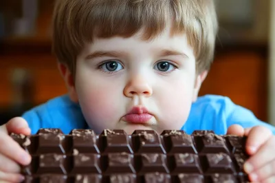 Toddler Holding A Large Bar Of Dark Chocolate