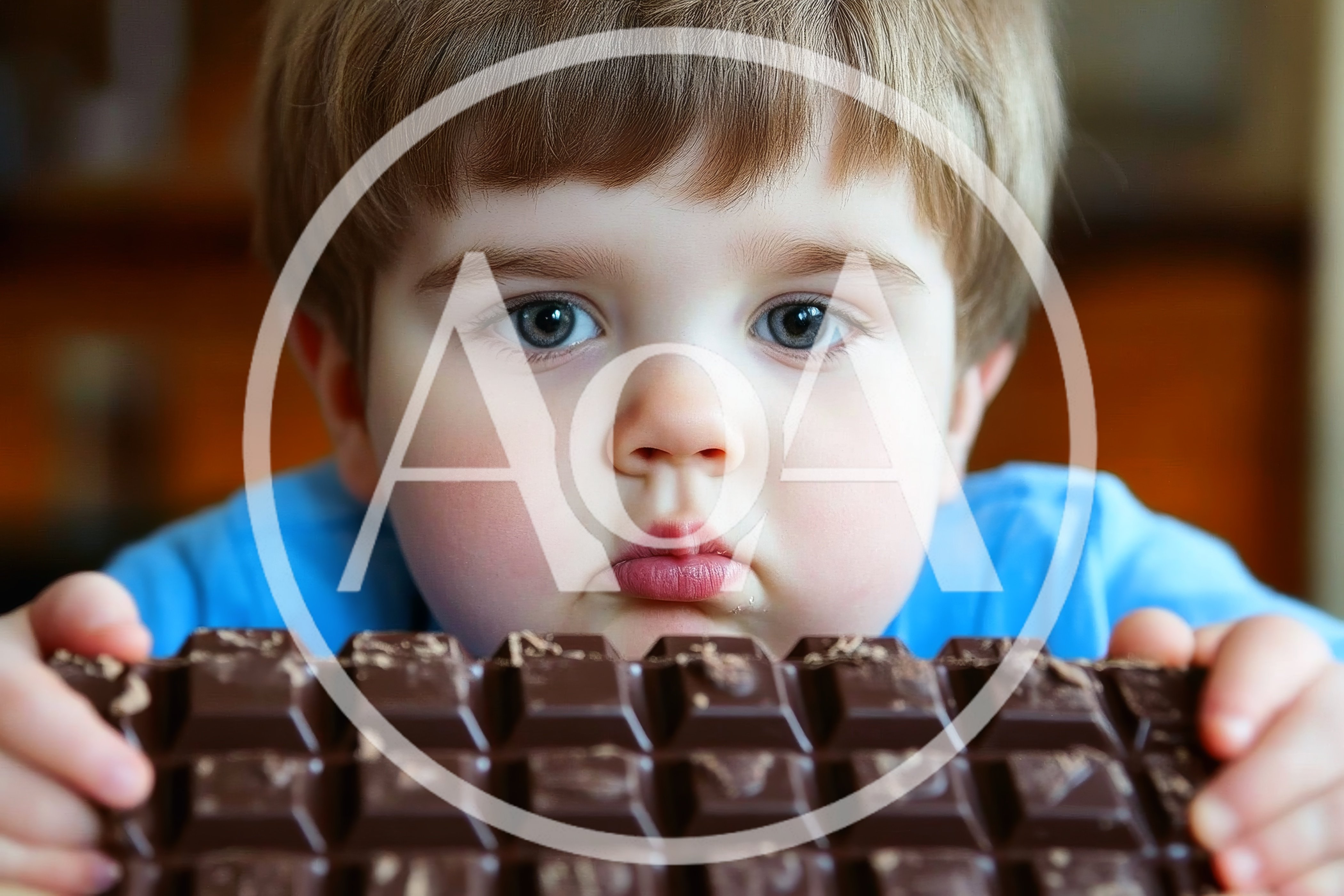 Toddler Holding A Large Bar Of Dark Chocolate