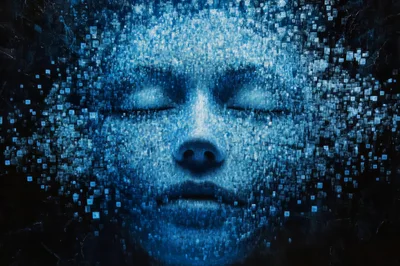 Digital Human Face Dissolving Into Data Pixels