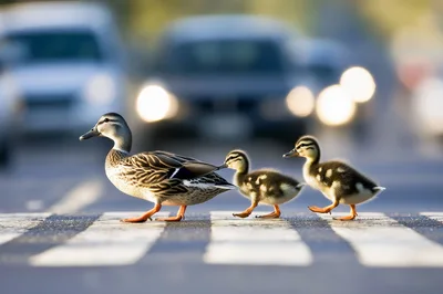 Mother Duck And Ducklings Crossing A Busy Road