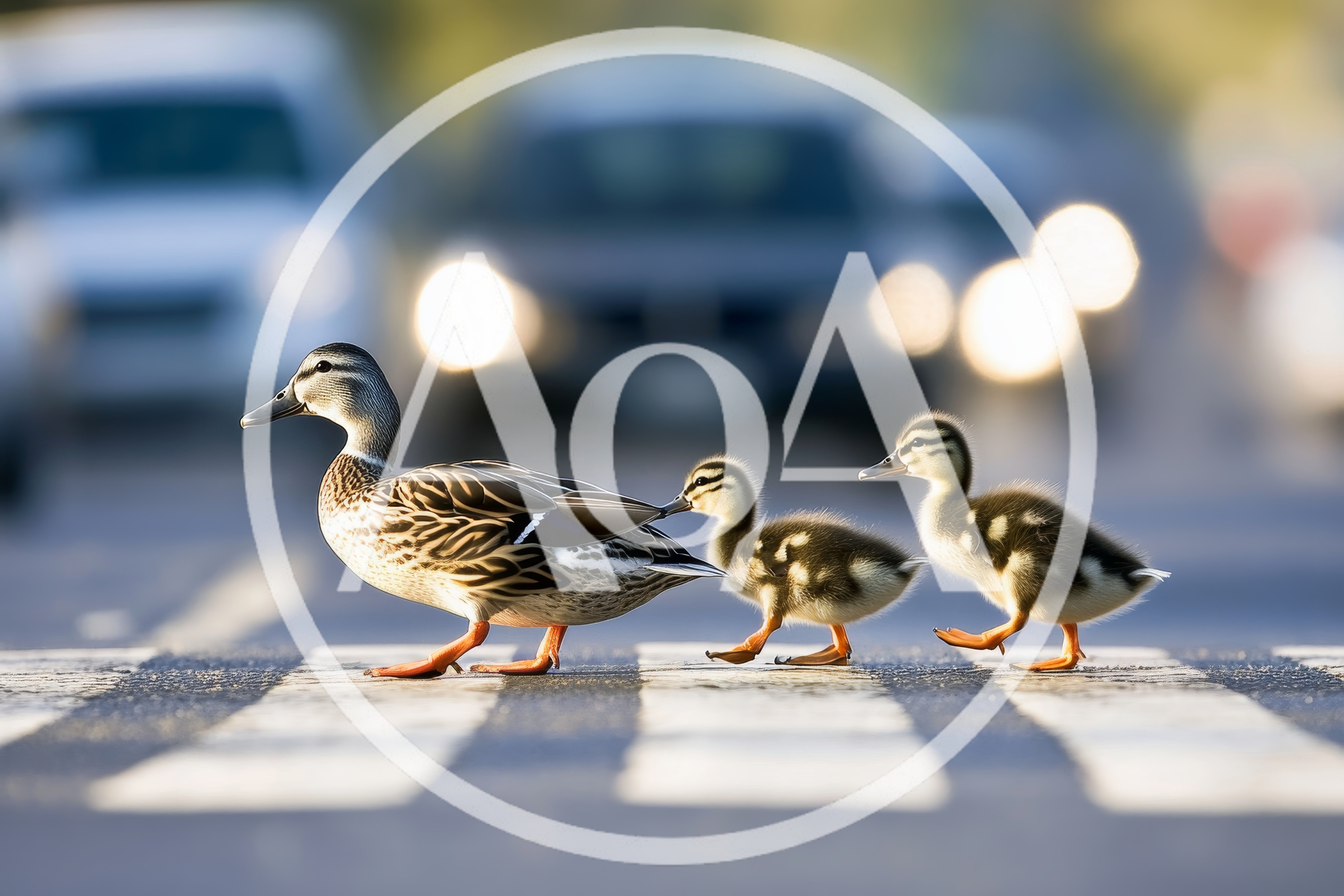 Mother Duck And Ducklings Crossing A Busy Road