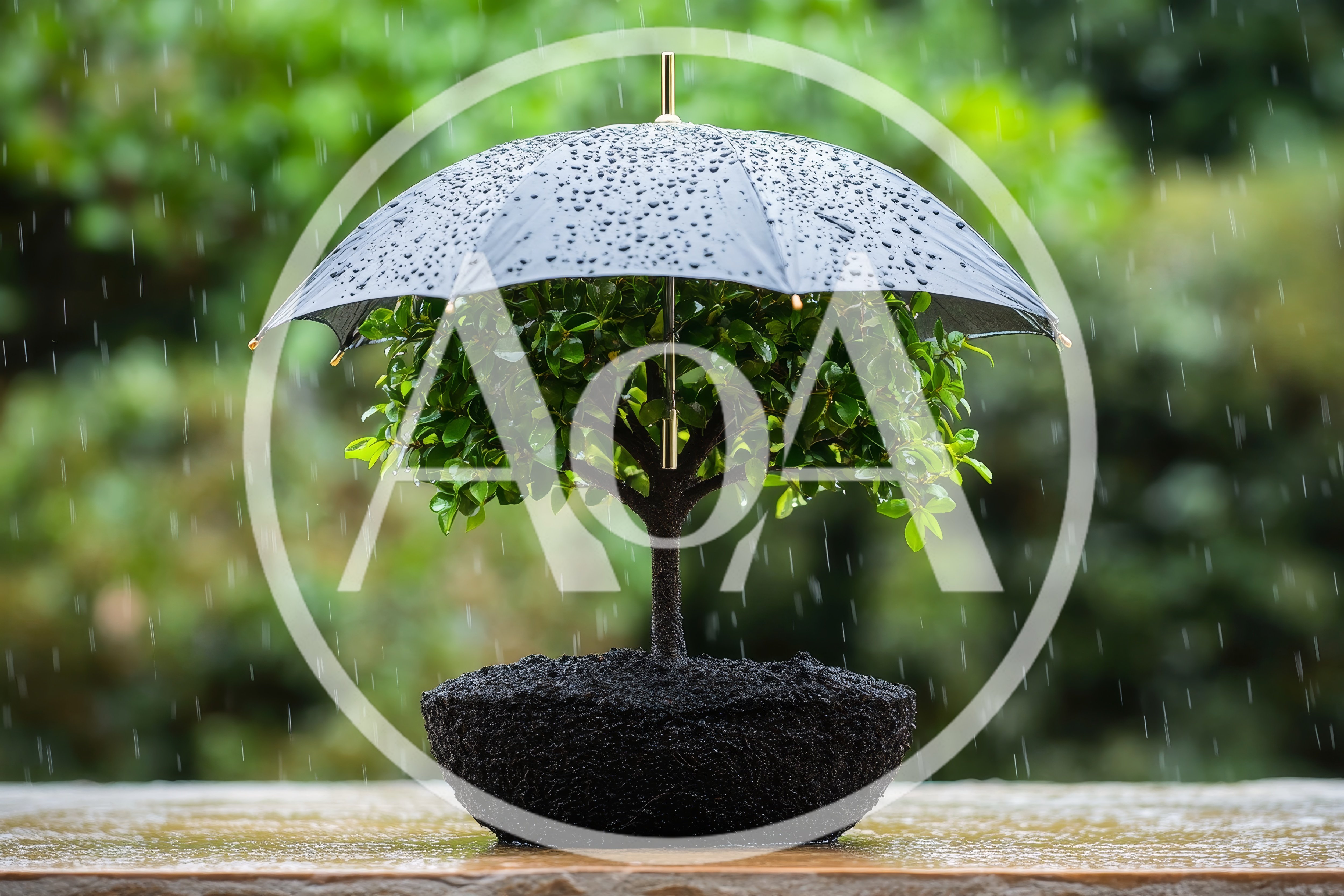 Small Bonsai Tree Protected By A Black Umbrella