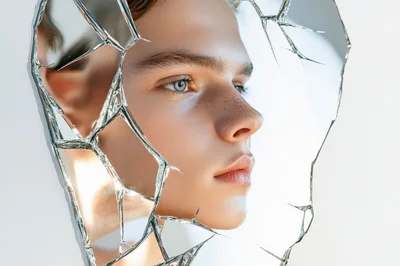 Portrait Of A Young Person Through Broken Mirror Glass