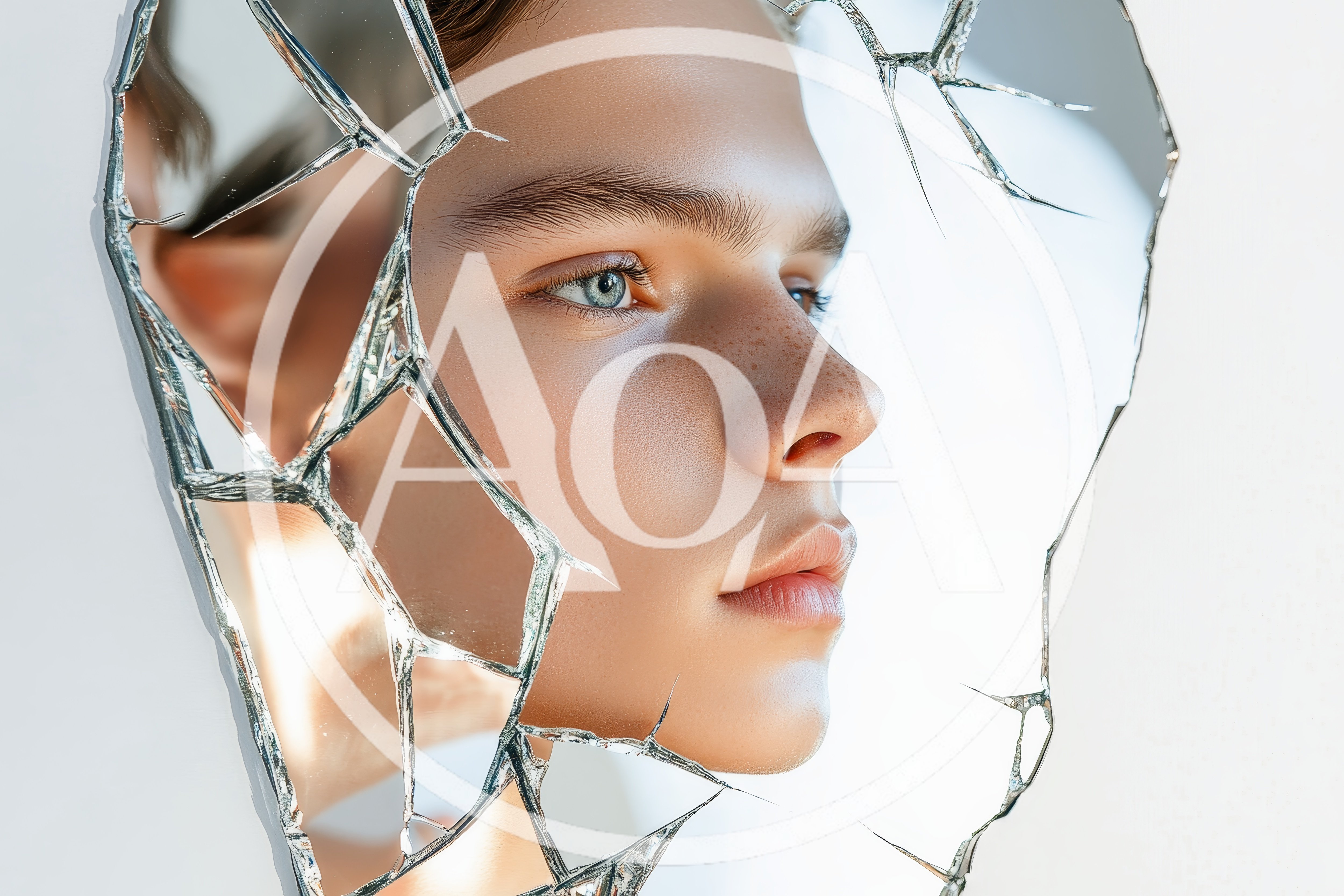 Portrait Of A Young Person Through Broken Mirror Glass