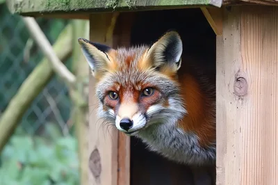 Red Fox Peeking Out From A Wooden Den