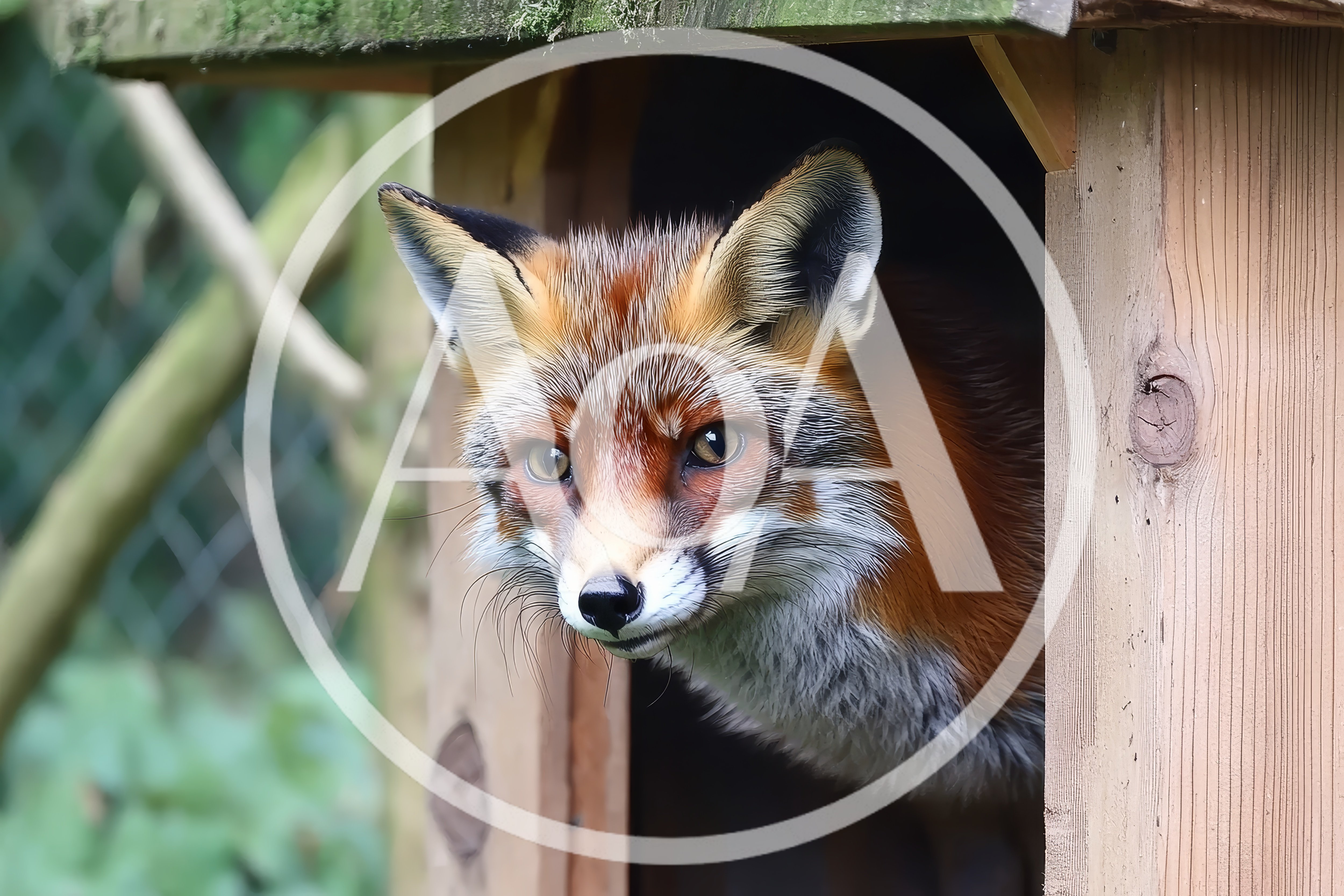 Red Fox Peeking Out From A Wooden Den