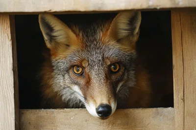 Red Fox Peering Out From A Wooden Den