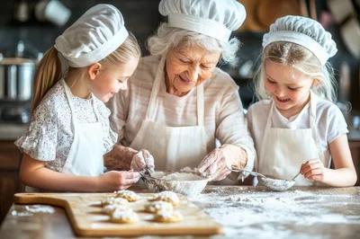 Grandmother Baking Cookies With Two Granddaughters In Kitchen