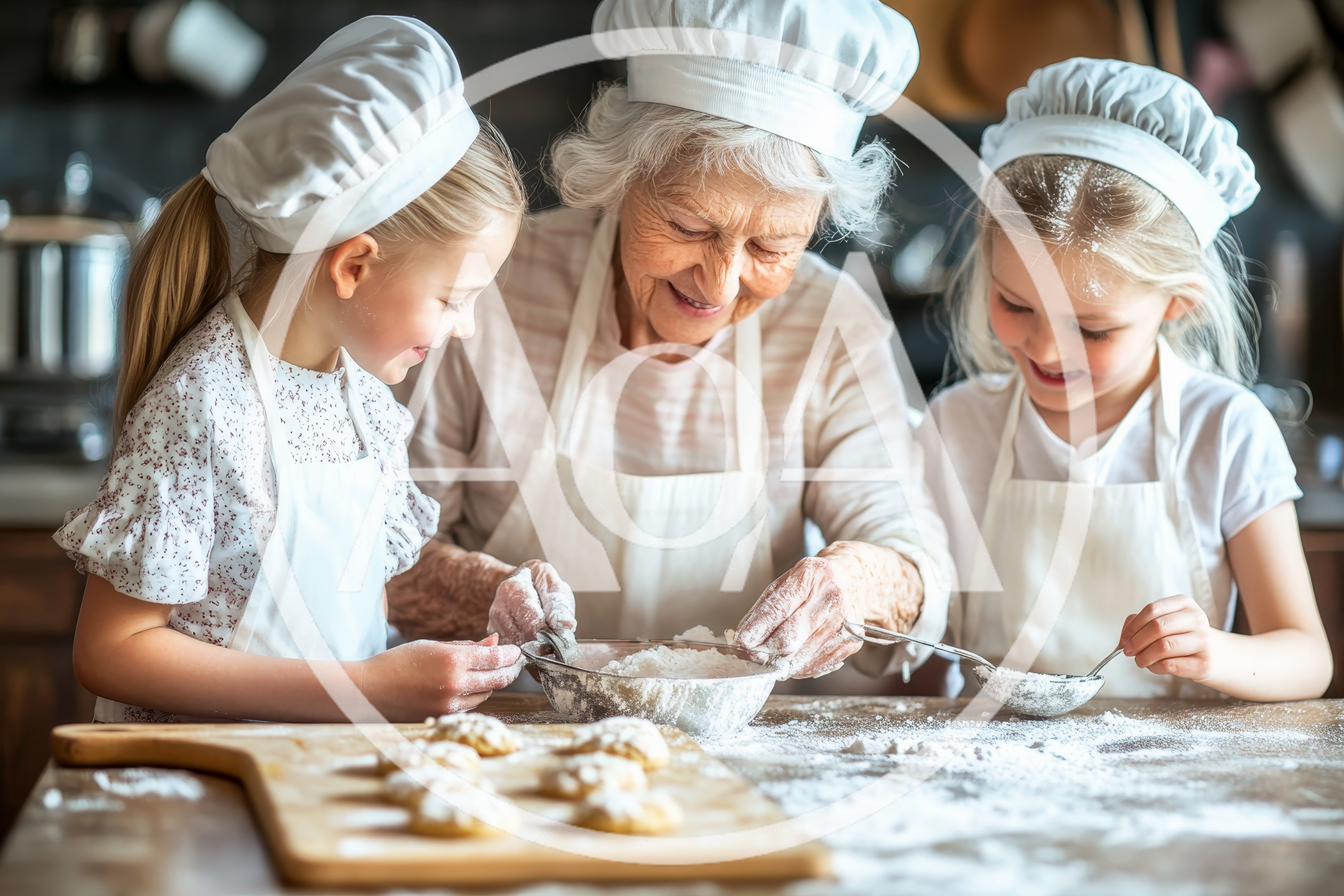 Grandmother Baking Cookies With Two Granddaughters In Kitchen