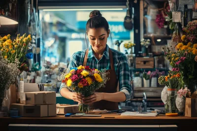 Professional Florist Arranging A Colorful Flower Bouquet