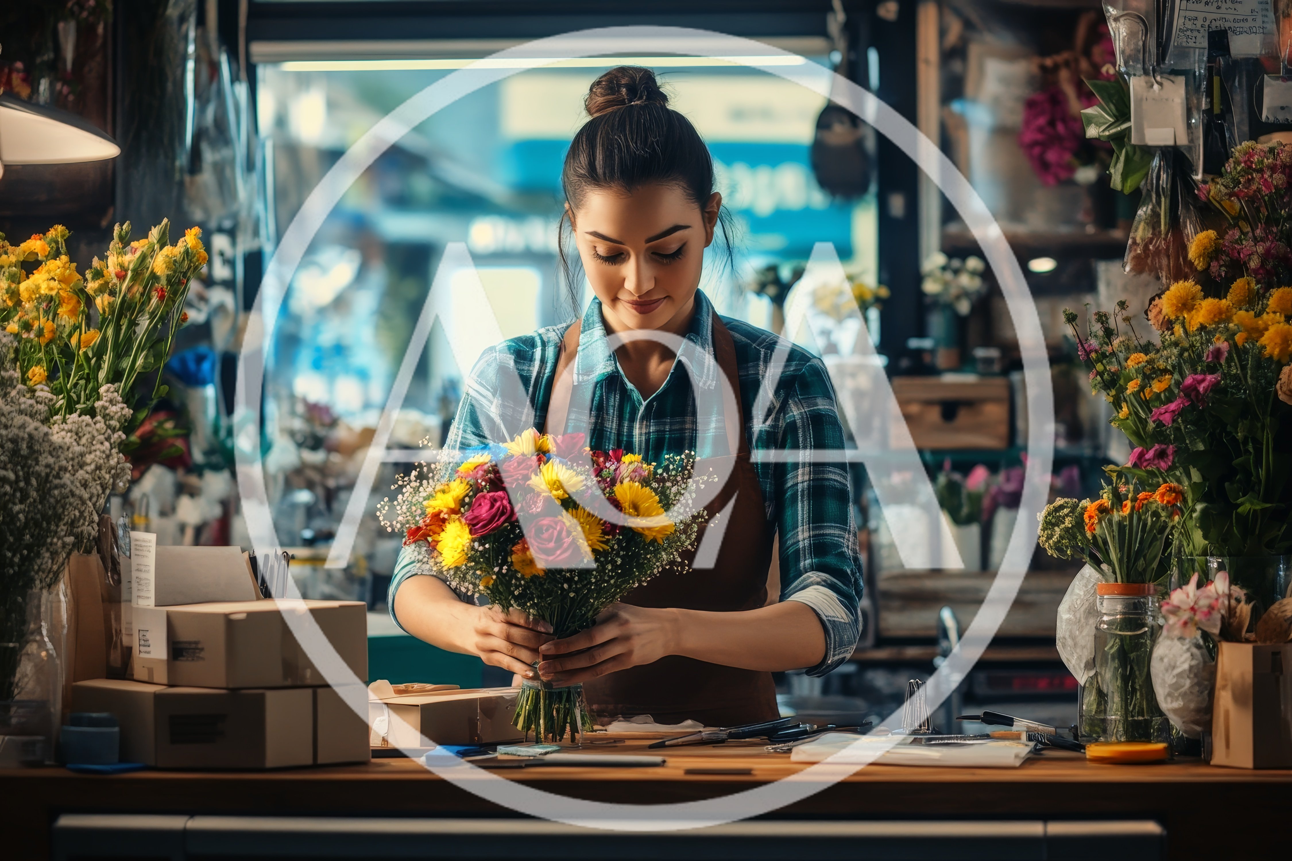 Professional Florist Arranging A Colorful Flower Bouquet