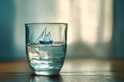 Miniature Sailboat Floating Inside A Glass Of Water
