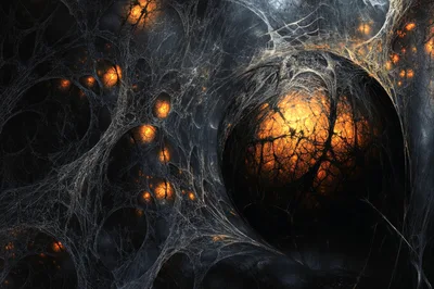 Abstract Glowing Organic Sphere In Dark Webbed Environment