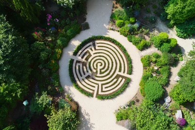 Aerial View Of A Circular Garden Labyrinth