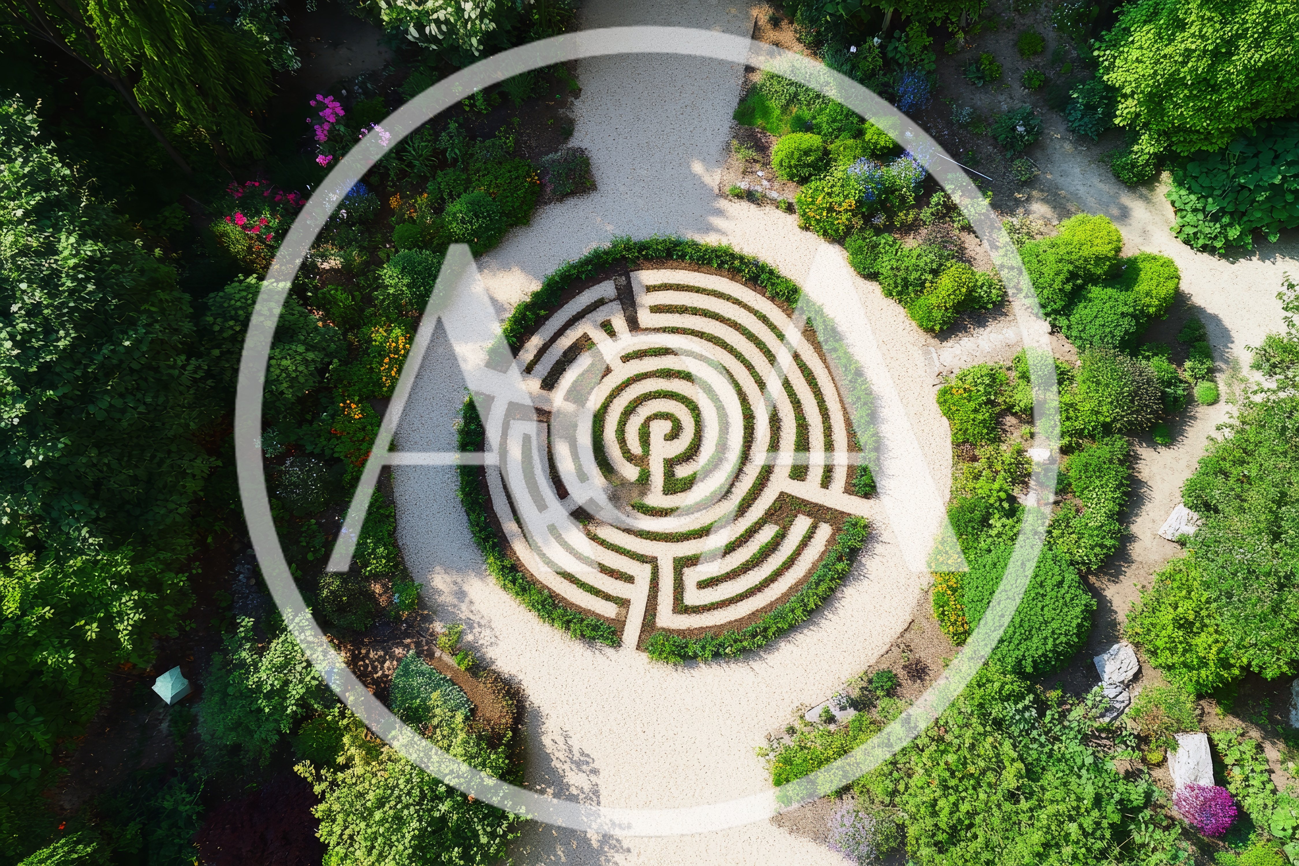 Aerial View Of A Circular Garden Labyrinth
