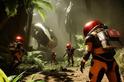 Astronauts Exploring A Lush Alien Jungle Planet