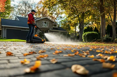 Man Using Leaf Blower On Residential Driveway