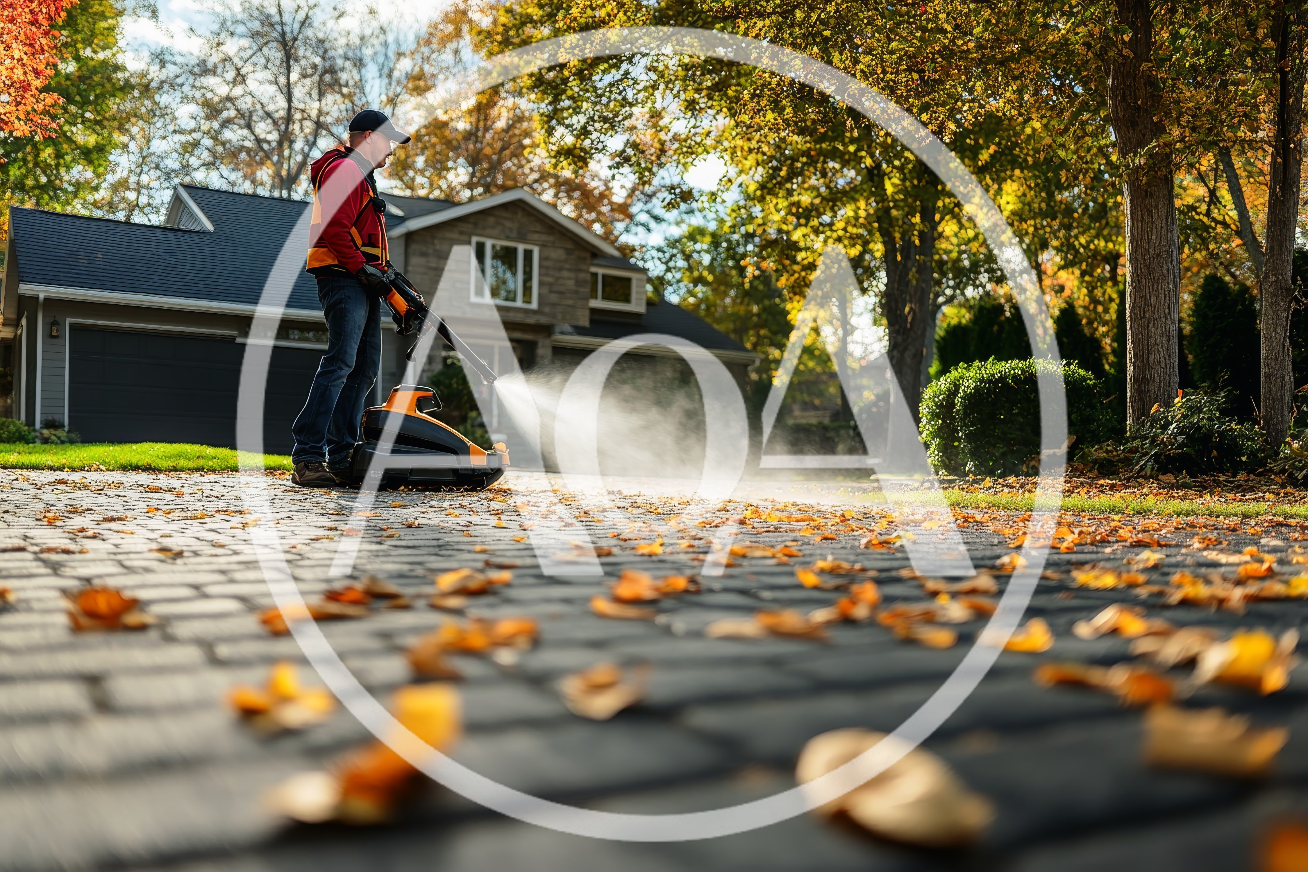 Man Using Leaf Blower On Residential Driveway
