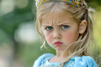 Portrait of a Grumpy Little Princess in Blue Dress