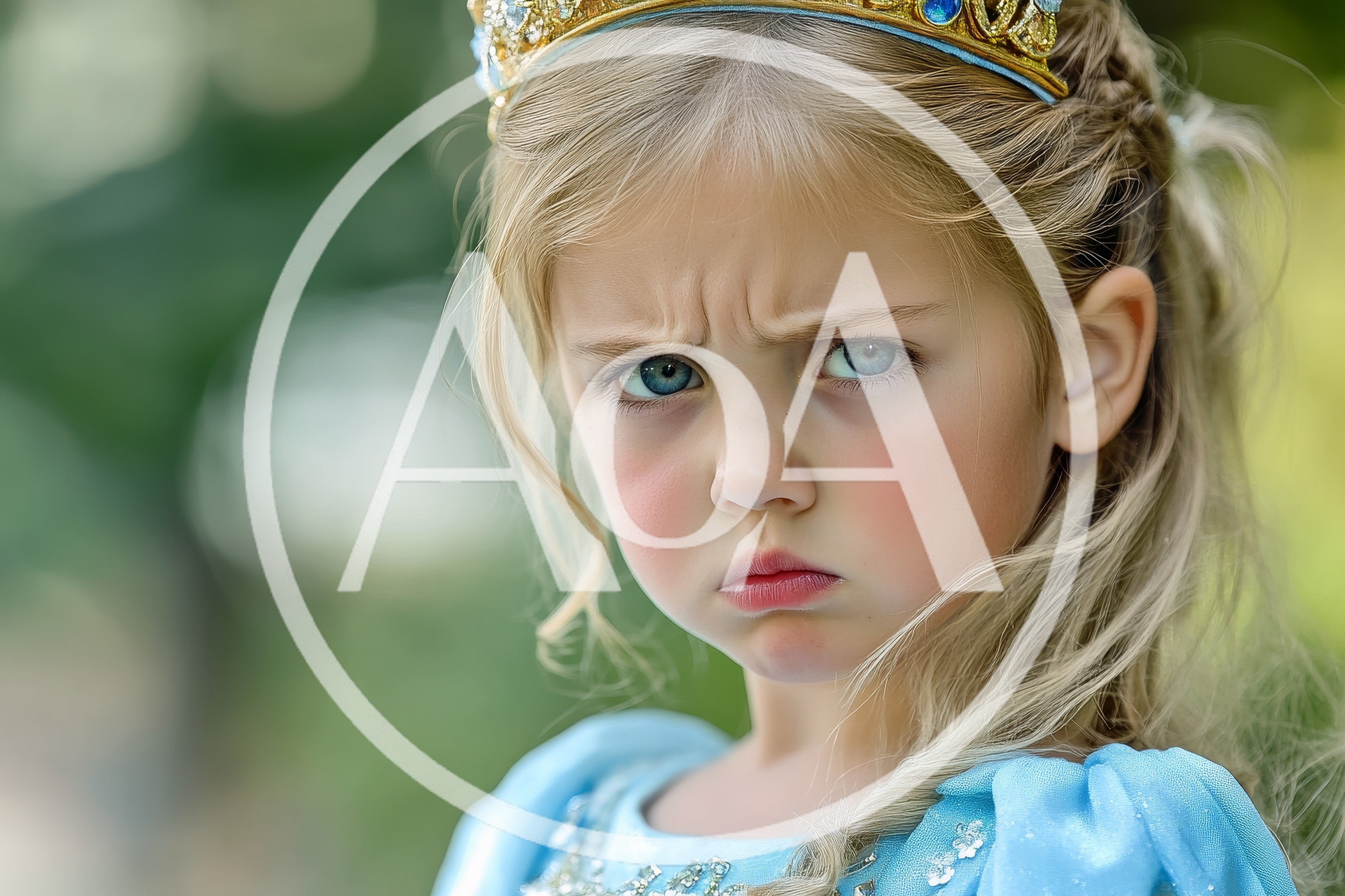 Portrait of a Grumpy Little Princess in Blue Dress