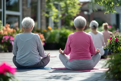 Senior Women Practicing Yoga Outdoors