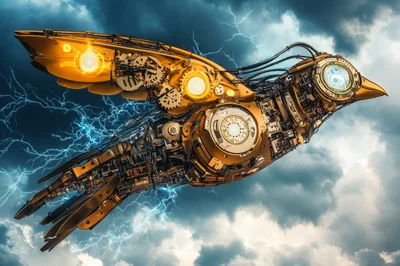 Mechanical Golden Bird Flying Through Stormy Skies