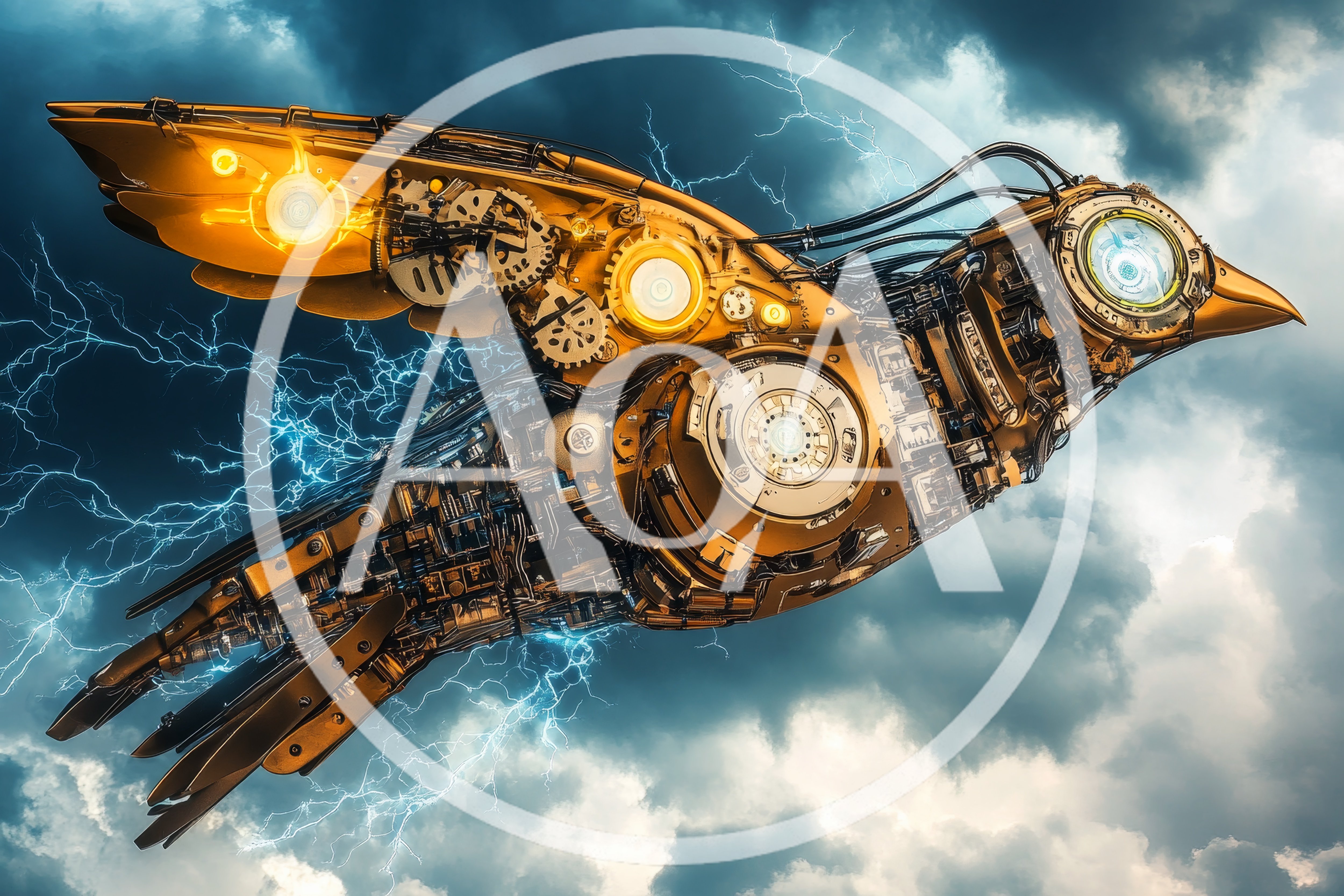 Mechanical Golden Bird Flying Through Stormy Skies