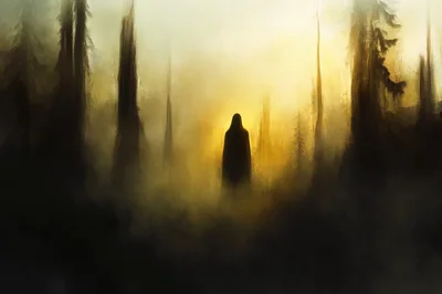 Mysterious Cloaked Figure Standing In A Foggy Forest