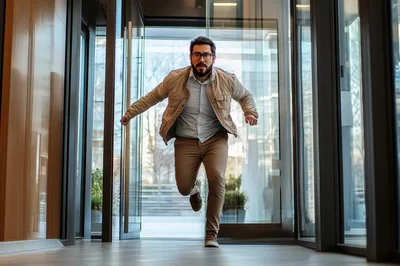 Man Running Through Office Building Glass Doors