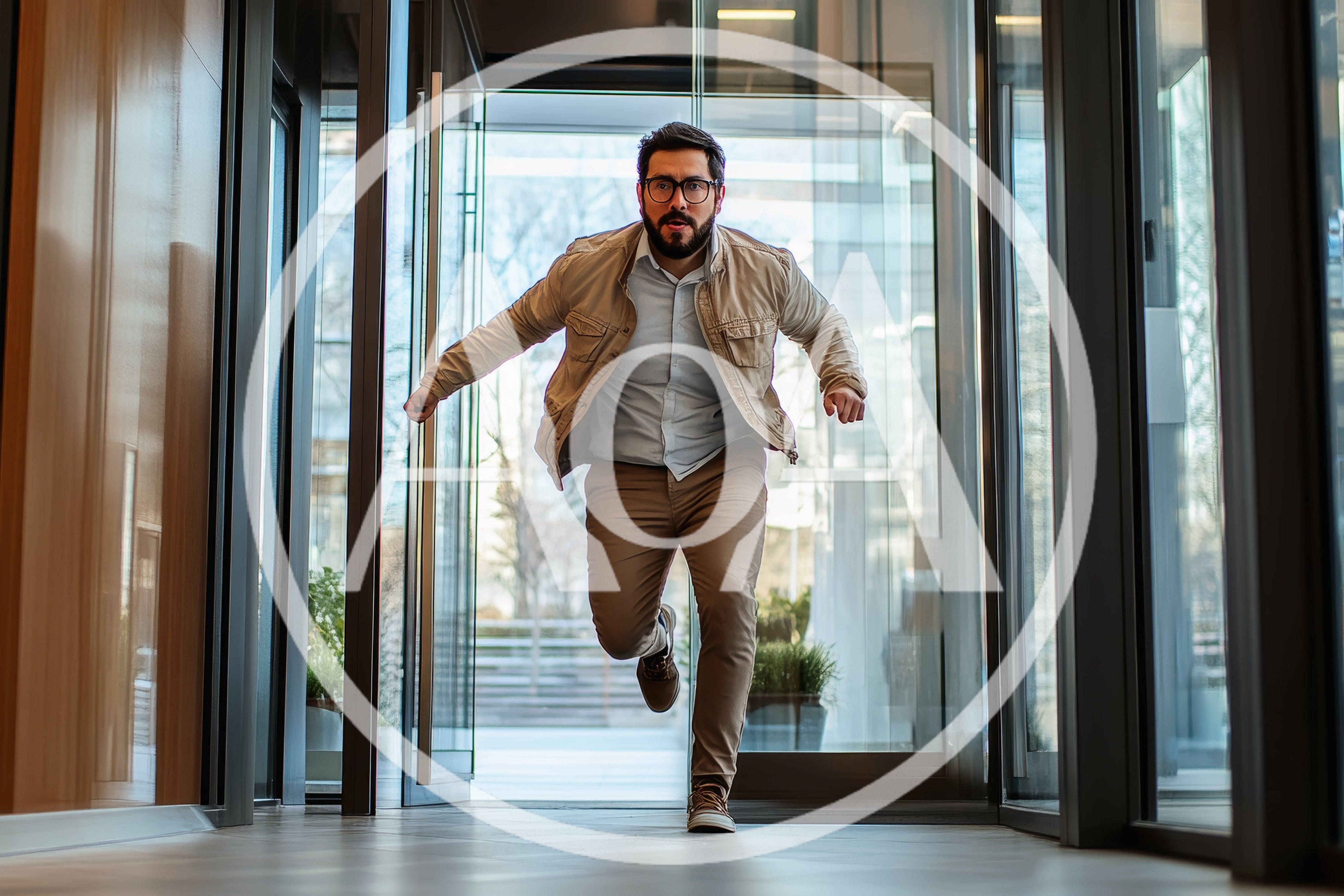 Man Running Through Office Building Glass Doors