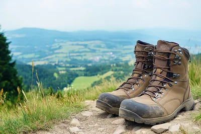 Pair Of Hiking Boots Resting On A Mountain Trail