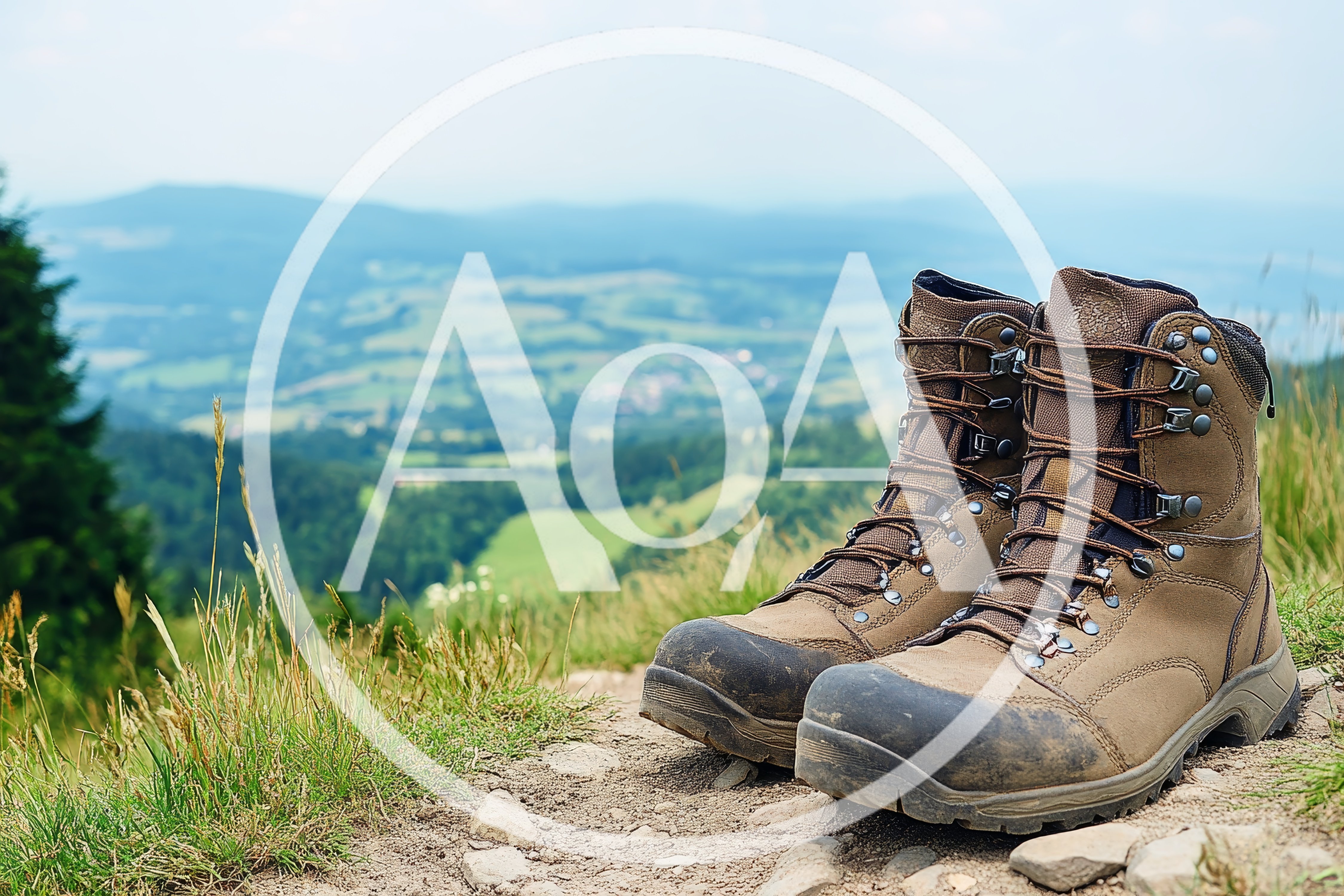 Pair Of Hiking Boots Resting On A Mountain Trail
