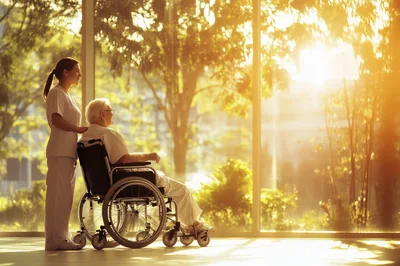 Caregiver Assisting Elderly Patient in Wheelchair