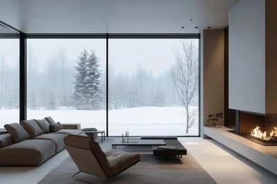 Modern Minimalist Living Room With Snowy Forest View
