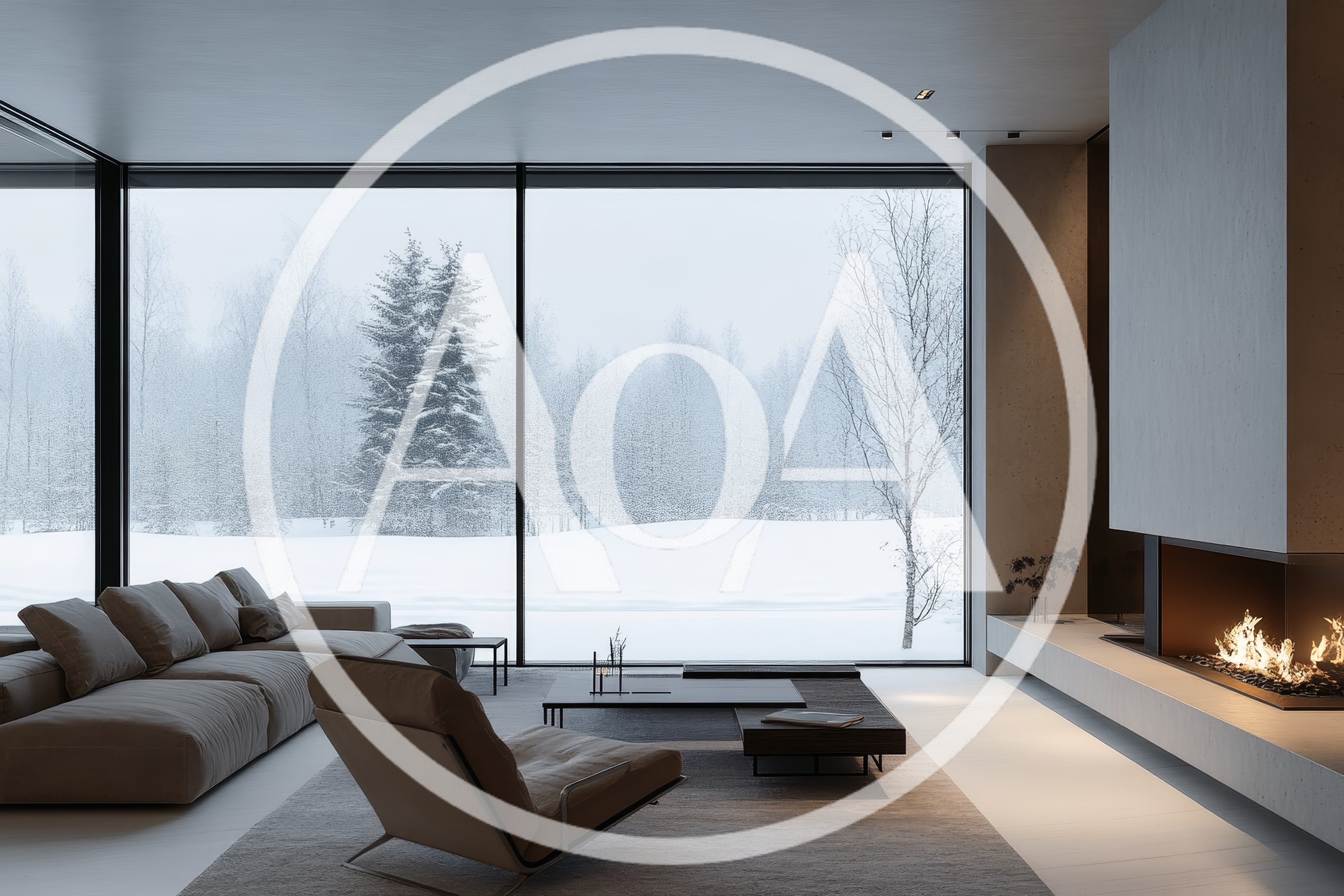 Modern Minimalist Living Room With Snowy Forest View