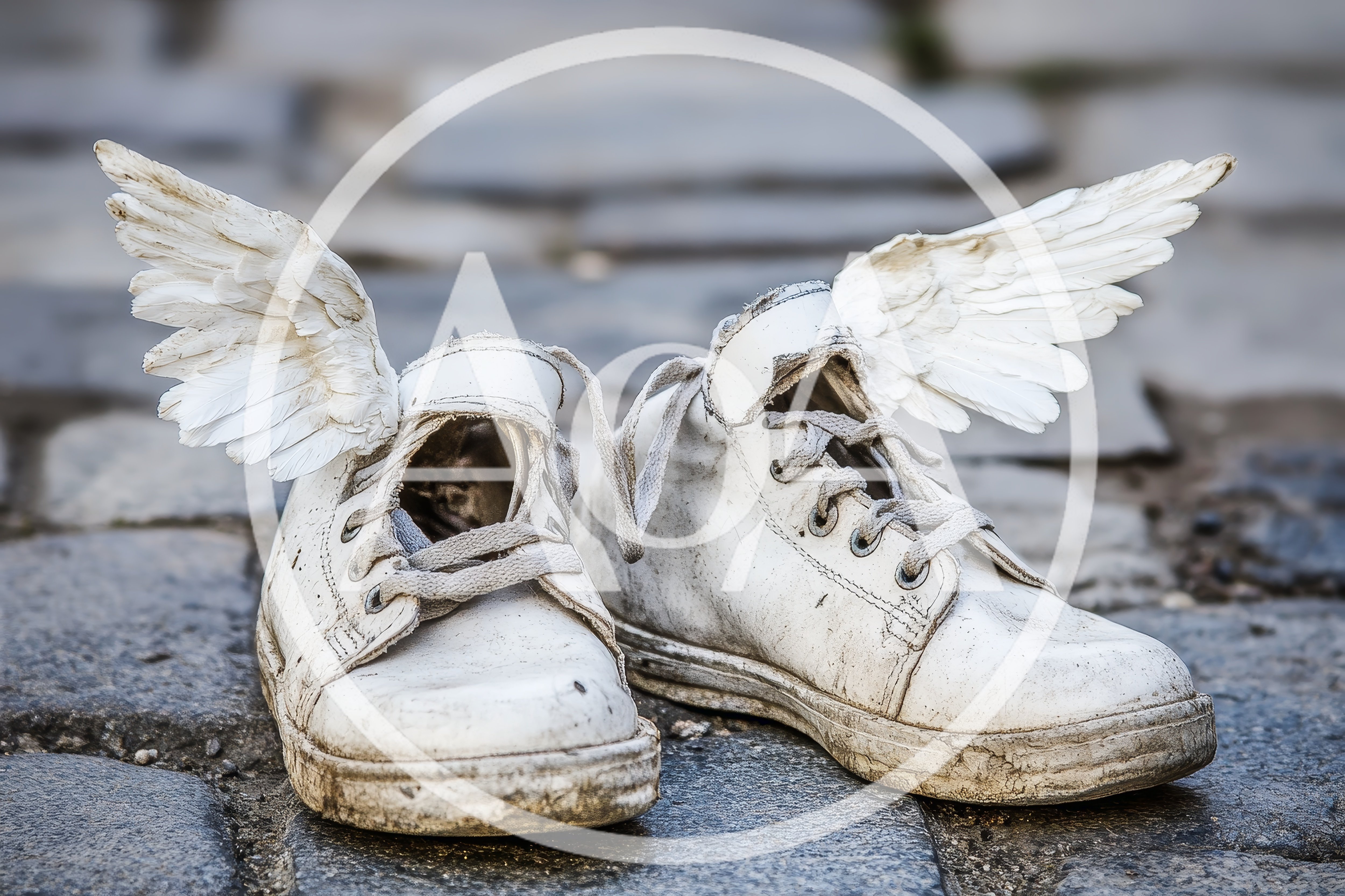 Pair Of White Winged Sneakers On Cobblestone Street