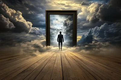Businessman Walking Through A Portal Into A Cloudy Sky