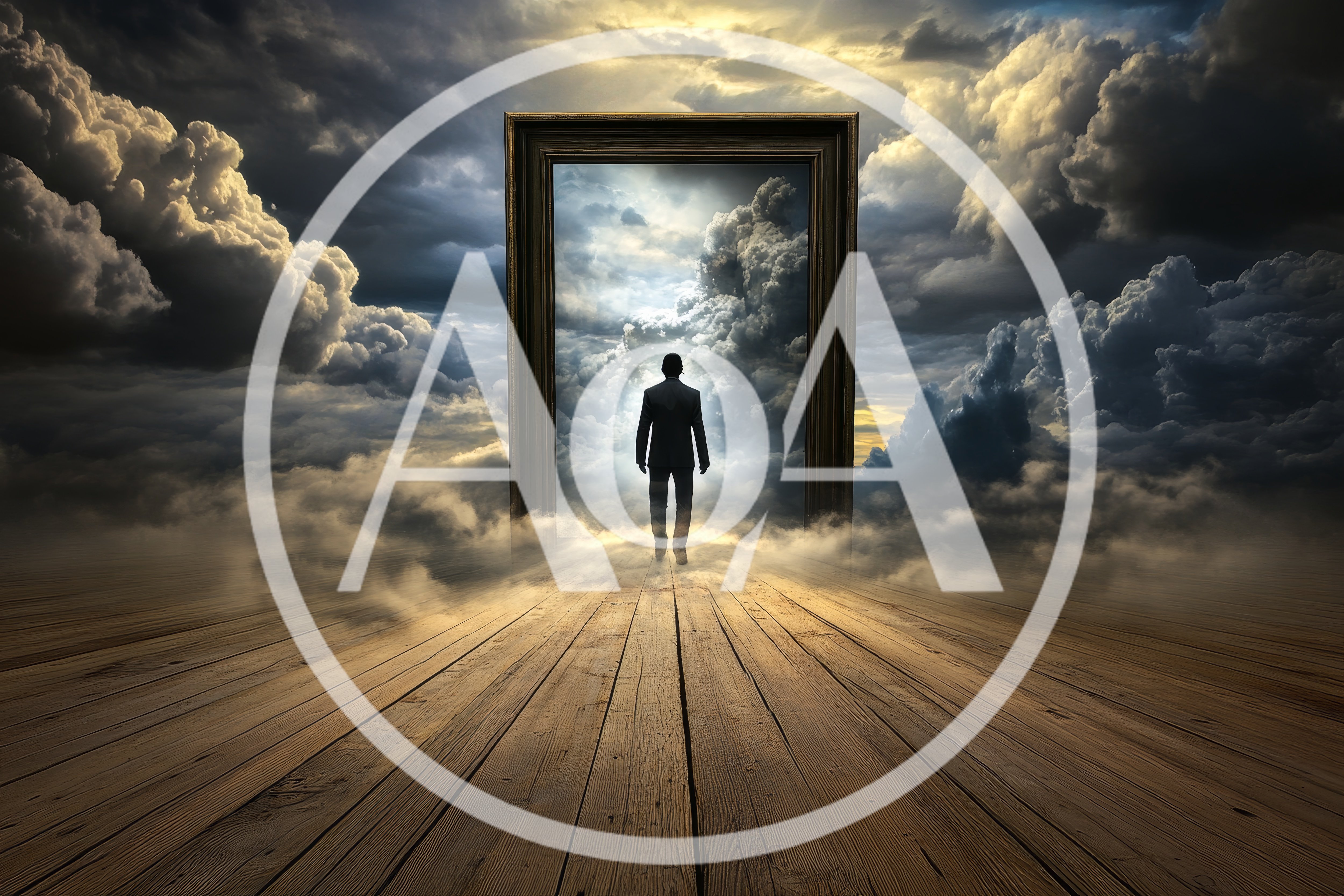 Businessman Walking Through A Portal Into A Cloudy Sky
