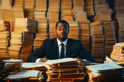 Overwhelmed Businessman Surrounded By Massive Stacks Of Paperwork