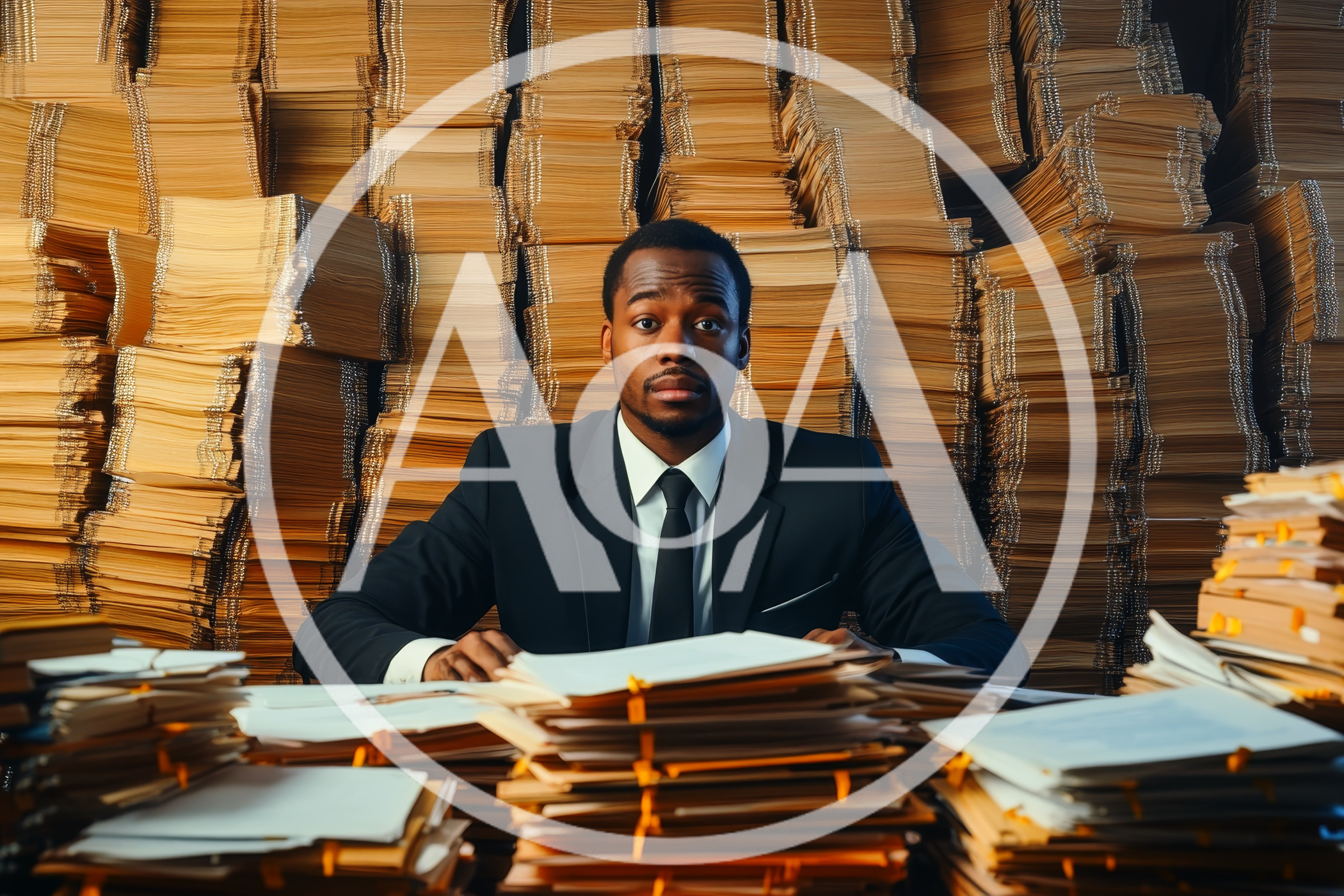 Overwhelmed Businessman Surrounded By Massive Stacks Of Paperwork