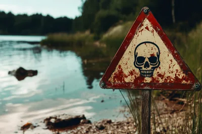 Weathered Skull Warning Sign Near A Lake