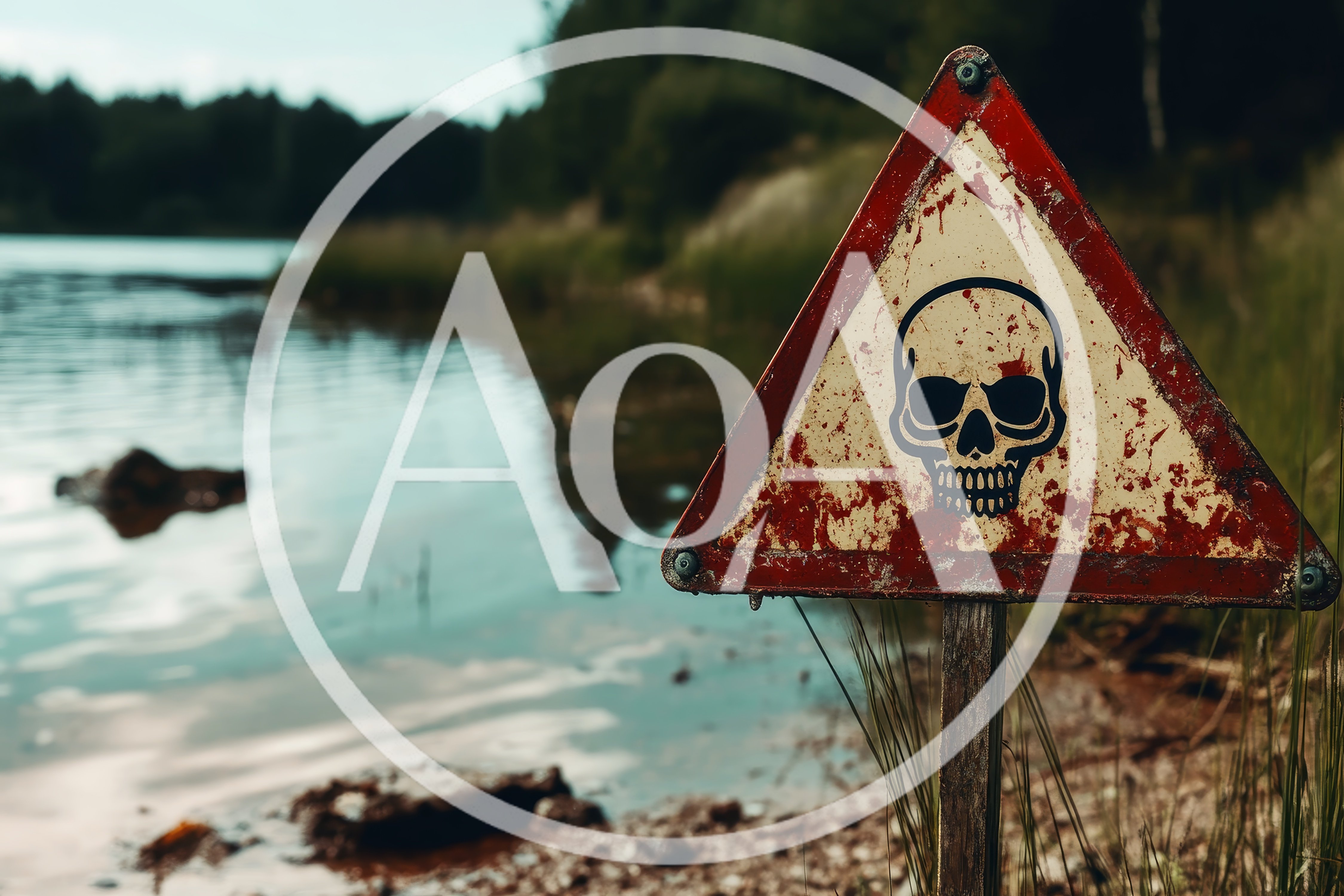 Weathered Skull Warning Sign Near A Lake