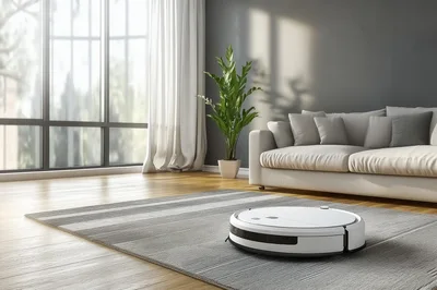 White Robotic Vacuum Cleaner Cleaning Living Room Rug
