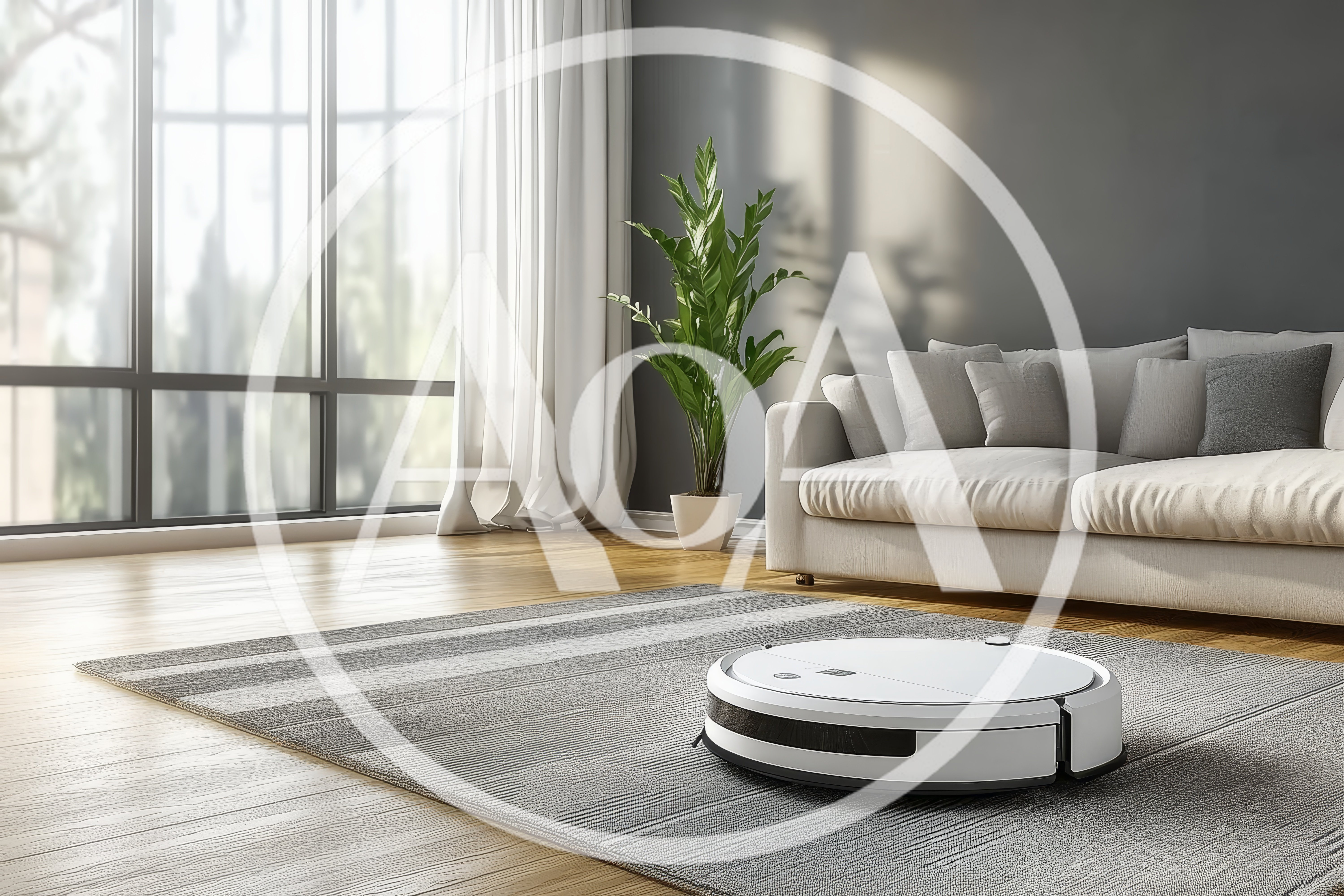 White Robotic Vacuum Cleaner Cleaning Living Room Rug