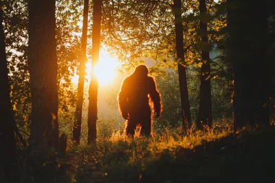 Bigfoot Silhouette Standing In A Golden Forest