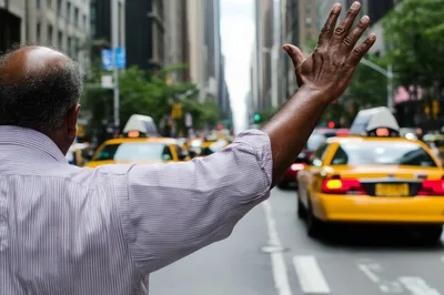 Man Hailing A Yellow Taxi In New York City