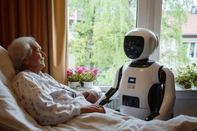 Elderly Woman Interacting With A Care Robot In Hospital