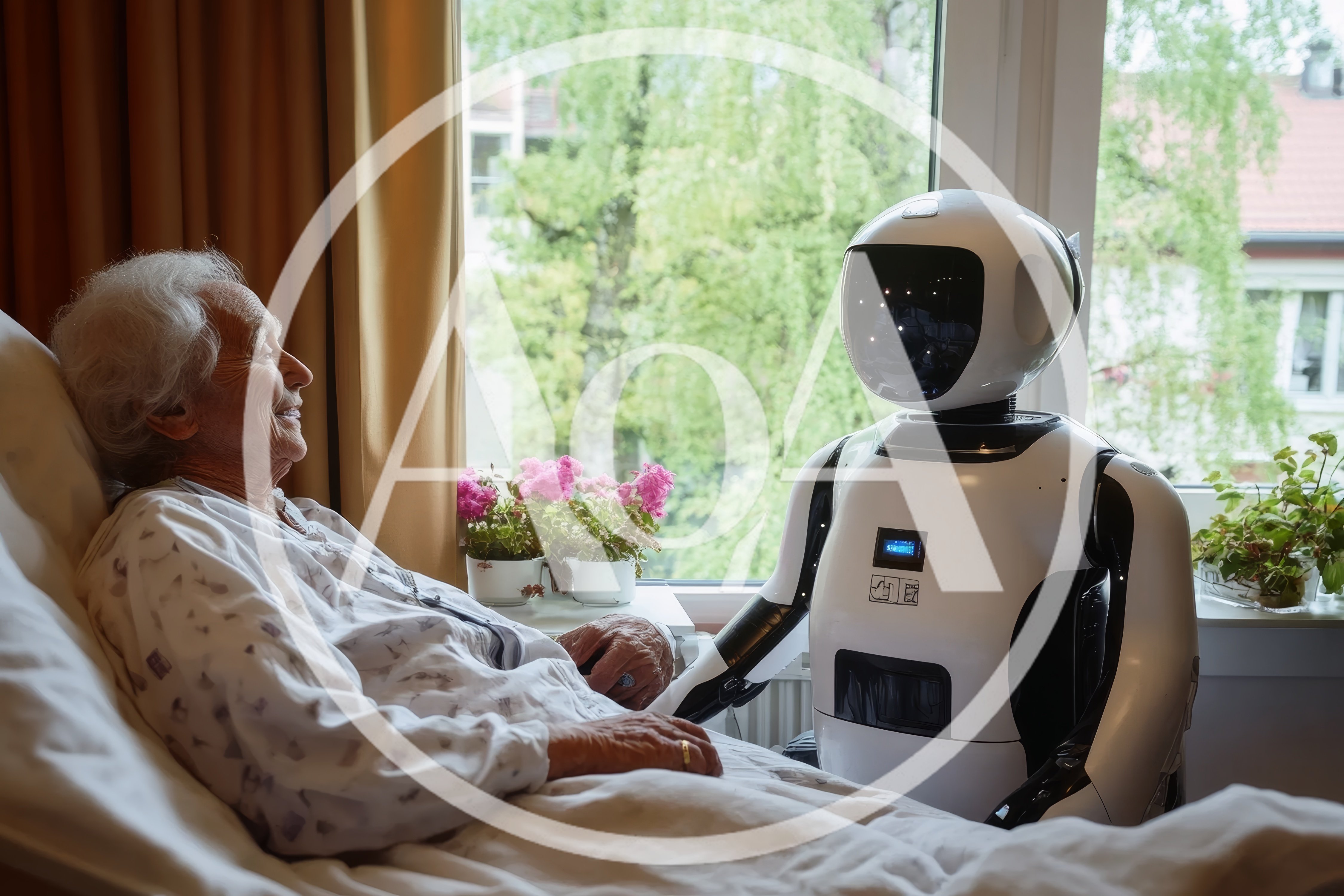Elderly Woman Interacting With A Care Robot In Hospital